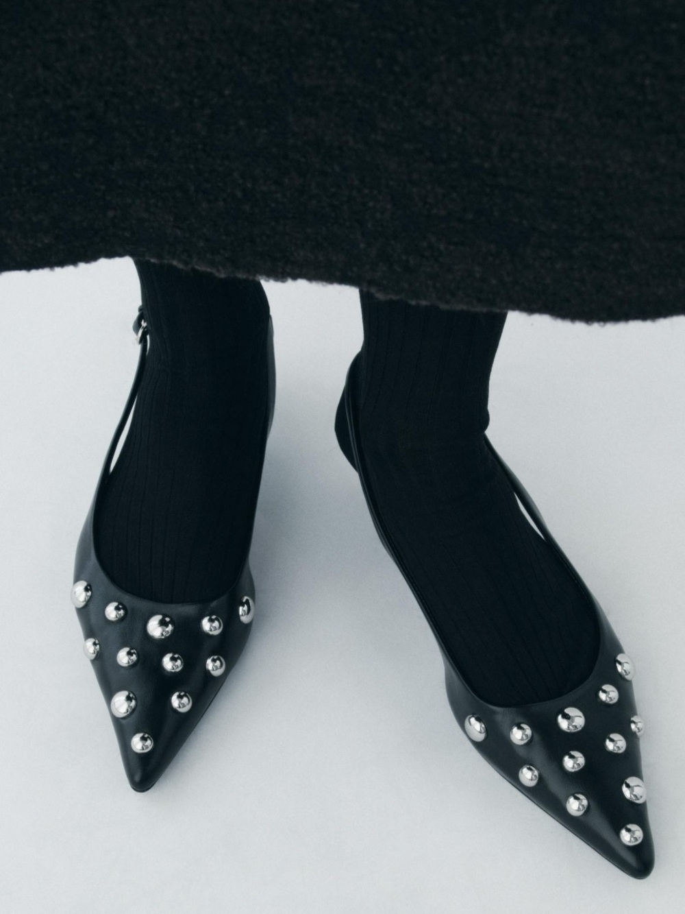 {ZARA} Silver Studded Pointy Toe Slingback Kitten Heels